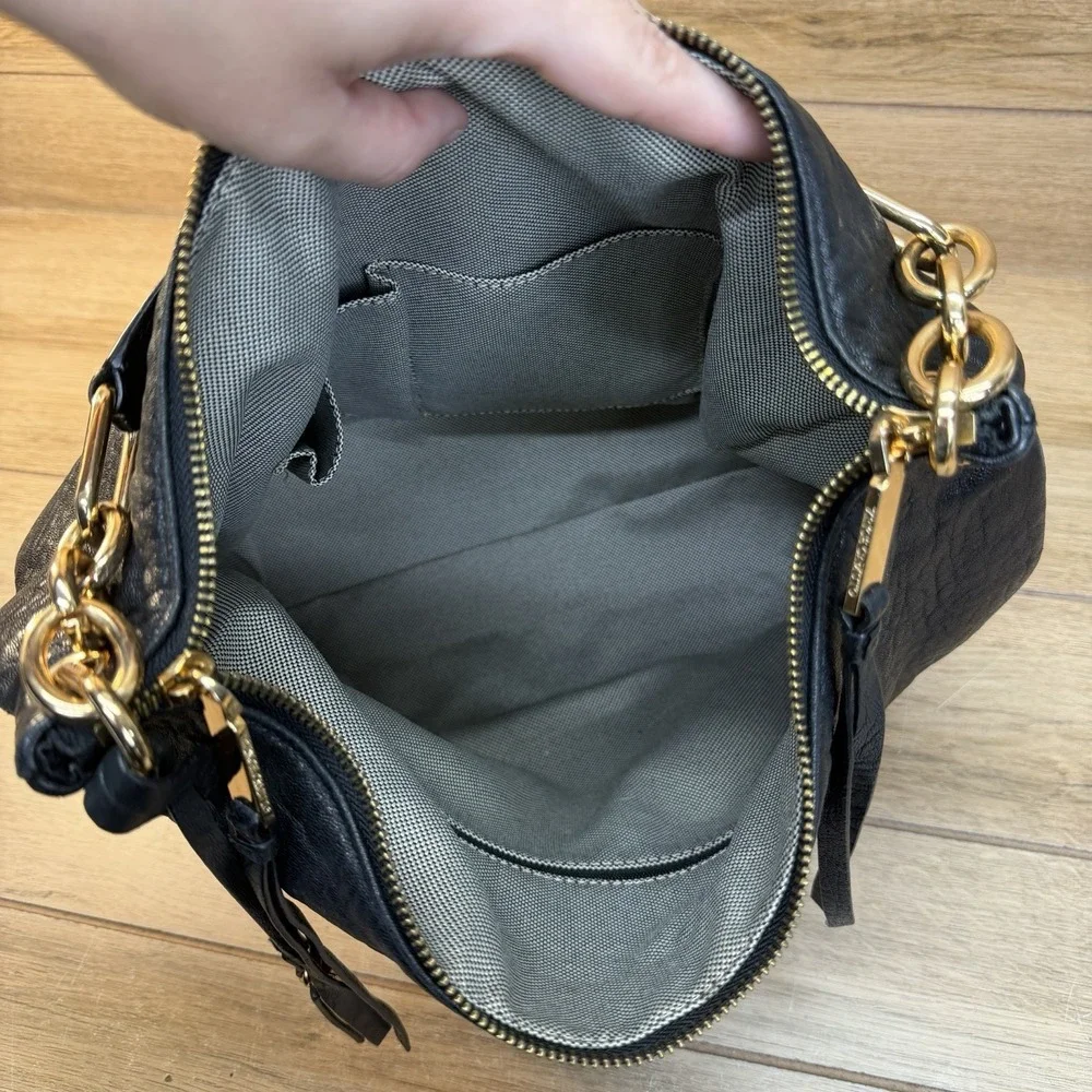 Vince Camuto Black Leather Hobo Bag Slouchy Shoulder Handbag Tumbled Crinkle
